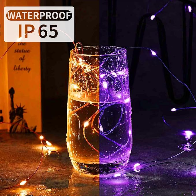 Aogist 50 Pack Fairy Lights 3 Modes 7ft 20 LED Waterproof,Battery Operated Silver Wire Firefly Starry Moon Mini String Lights for Mason Jars Christmas DIY Crafts Wedding Party Bedroom,Orange&Purple