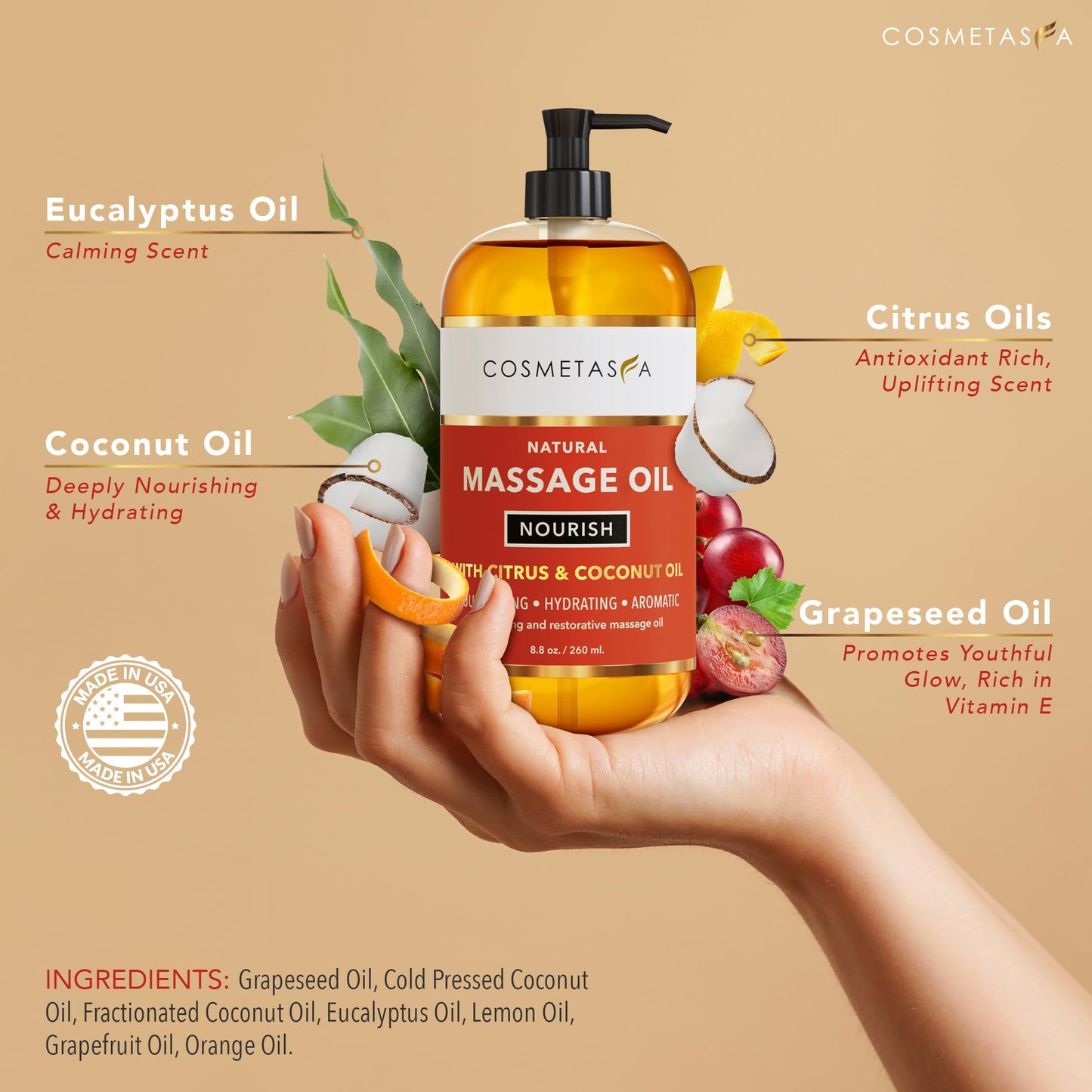 Cosmetasa Spa Gift Set for Women & Men - Relaxation Lavender Massage Oil, Citrus Coconut Oil, Arnica Sore Muscle Massage Oil with Hot Stones, Roller Ball and Thumb Saver Massage Tools