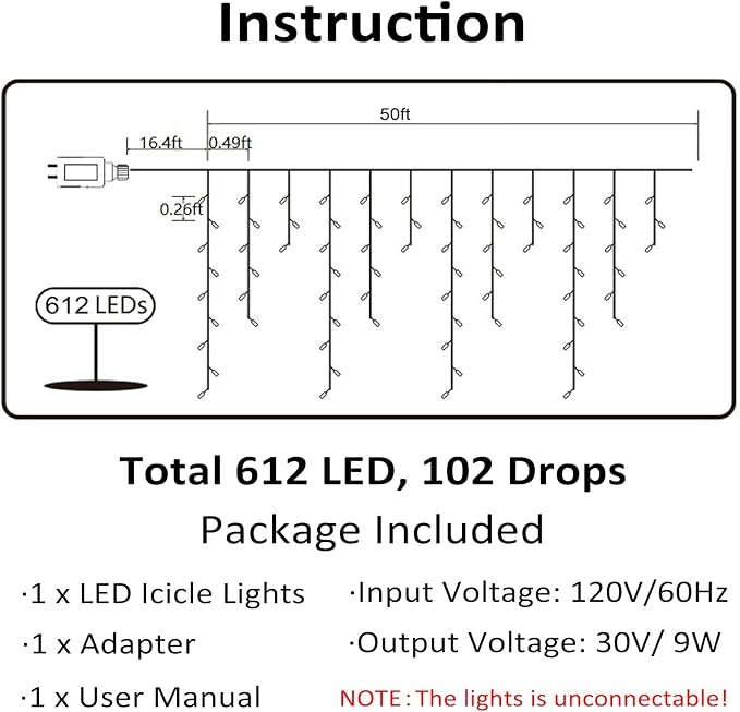 Toodour Christmas Icicle Lights Outdoor, 612 LED 50ft 8 Modes Fairy Icicle String Light with 102 Drops, Led Christmas Lights Twinkle for Holiday, Party, Wedding, Eaves, Xmas Decorations (White)