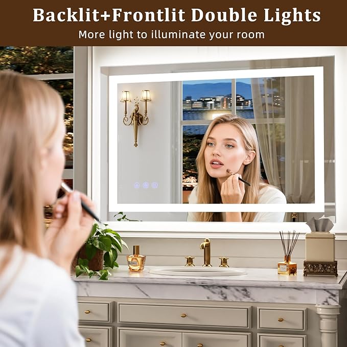 60"x40" Large Smart LED Bathroom Mirror - Dimmable Brightness, Backlit & Frontlit Lighting, 3 Color Modes, Anti-Fog, Memory Function, Wall Mounted Lighted Vanity Makeup Mirror