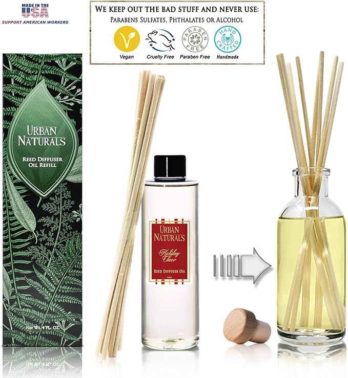 Urban Naturals Reed Diffuser Oil Refill, Holiday Cheer Diffuser Oil with Cranberry, Cinnamon, Evergreen, 4 oz + Free Reed Sticks, Made in the USA