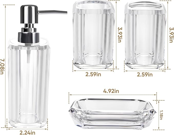 4-Piece Crystal Clear Bathroom Accessories Set — Soap Dispenser, Soap Dish, Mouthwash Cup & Toothbrush Holder, Transparent Acrylic Vanity Organizer, Fits Any Fixture Color or Style