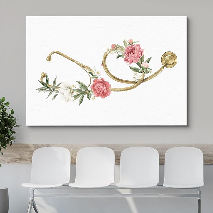 wall26 Canvas Print Wall Art Gold Doctor's Stethoscope Rose Flowers Medical & Hospital Health Illustrations Modern Art Floral Botanical Colorful Decorative for Living Room, Bedroom, Office - 12"x18"