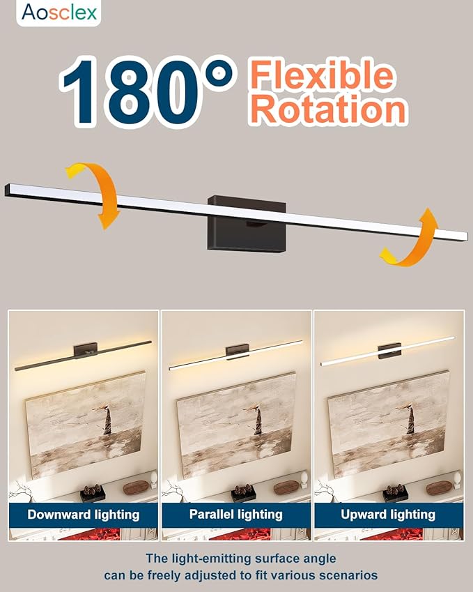 Aosclex 48 Inch Bathroom Lights Over Mirror, 180° Rotatable Angle, 32W 2880LM 5CCT Adjustable (2700K–6000K), Dimmable LED Light Fixture, IP44 Waterproof Black Modern Vanity Light, ETL Certificated