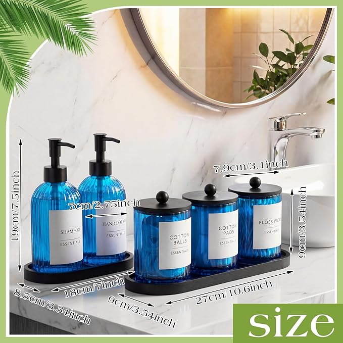 Yaomiao 5 Pack Bathroom Accessories Set, Modern Bathroom Decor Sets, Glass Liquid Soap Dispenser, Vanity Tray, Toothbrush Holder, Cotton Swab Jars with Lids for Sink Countertop(Blue,Striped)