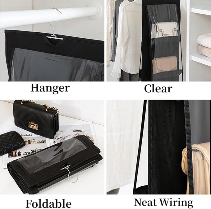 HAN SHENG 10 Pockets Clear Handbag & Purse Organizer Hanging Bag Storage - Space Saving Hanging Shelf for Closet, Wardrobe, Over Door (2 Pack, Black)