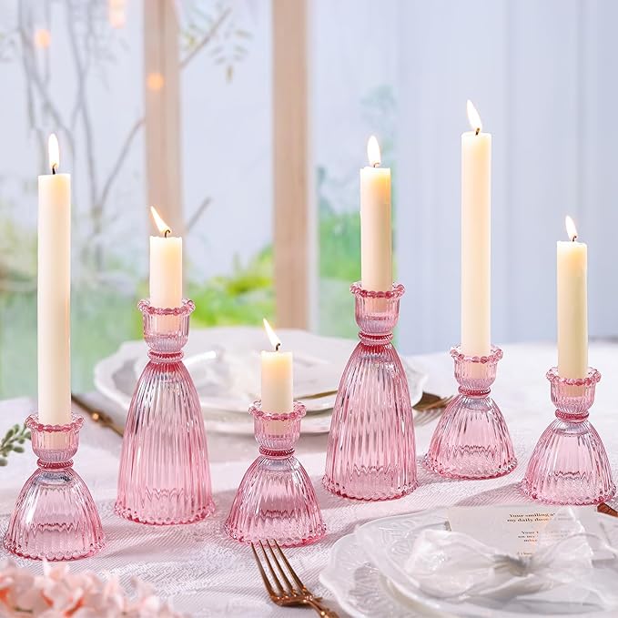 LAMORGIFT Pink Candle Holder Set of 6-4pcs 3.5"& 2pcs 6" Assorted Glass Pink Candlesticks Holder for Wedding Decor, Ribbed Taper Candle Holders Bulk for Bridal Shower, Home Table Centerpieces