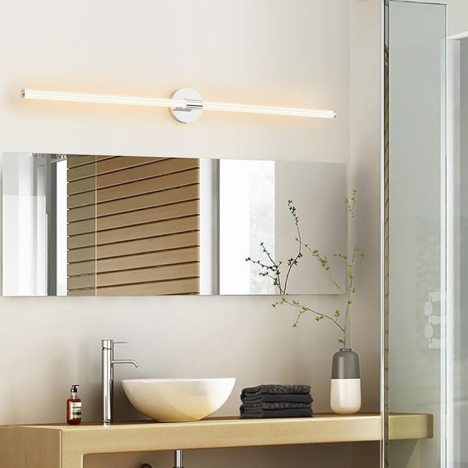 Bathroom Vanity Lights 49 inch Long Bathroom Light Fixtures Over Mirror Hardwired, Dimmable LED 360° Full Lighting Modern Vanity Light Bar Wall Sconce Warm Light for Bedroom Living Room - Chrome