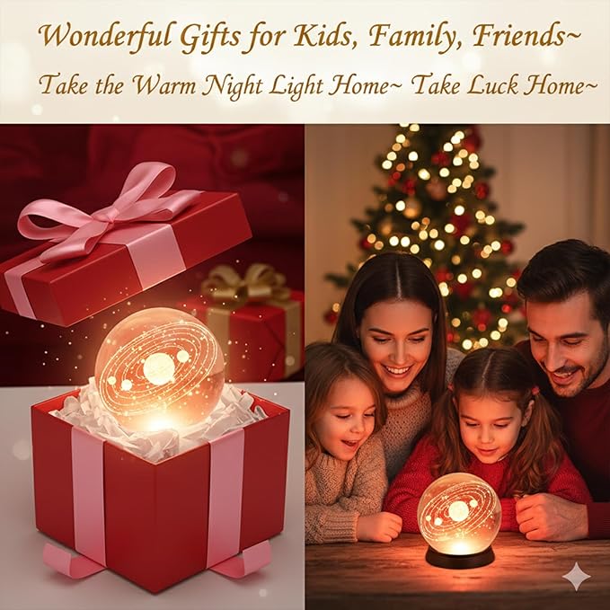 Happyhaves Calming Stellar Spheres Crystal Ball Night Light with Wooden Base, 3D Moon and Galaxy Light, Planet Sphere Calming Light for Bedroom Decor and Astronomy Gifts(Galaxy)