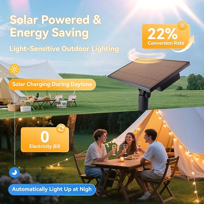 HJQ 120FT(60x2) Solar String Lights Outdoor Waterproof, Solar Powered Patio Lights with Remote & USB Port, 20+1 LED Shatterproof Bulbs, 3 Modes, Dimmable Solar Hanging Lighting for Yard Garden Party