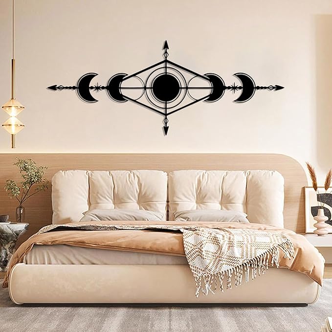 Hfrolixit Moon Phase Metal Wall Decor, Boho Moon Metal Wall Art, Celestial Wall Decor, Scandinavian Natural Wall Art, Astrology Wall Hanging (Black, 24"x9"/60x24cm)