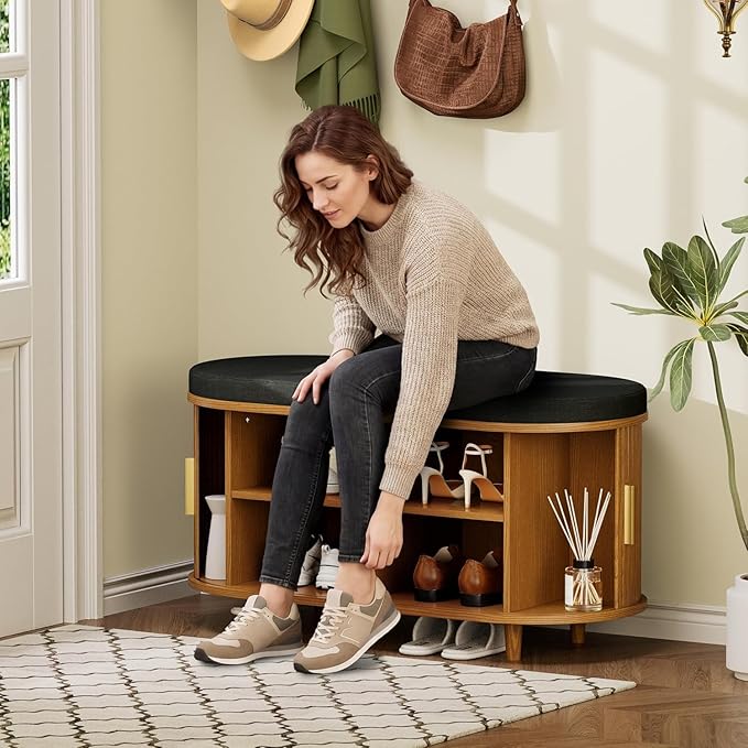 Entryway Bench with Storage: 35.4" Wooden Bedroom Shoe Bench with Thickened Padded Seat Cushion, Mid Century Modern Fluted Sliding Door and Adjustable Shelf, for Entryway, Living Room