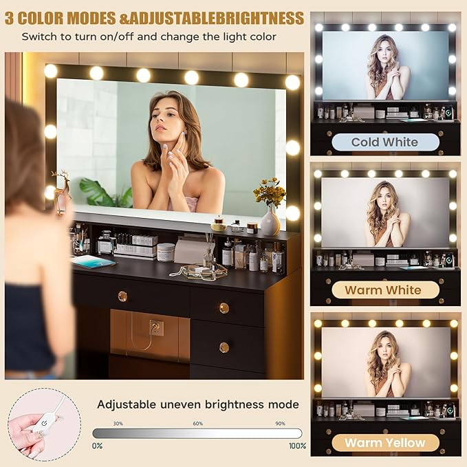 Vanity Desk with Large Mirror and Lights, Makeup Vanity with Power Outlet, 9 Drawers & Shelf Storage, Black Vanity with 3 Lighting Modes, Dressing Vanity Table for Women, Girls, Bedroom