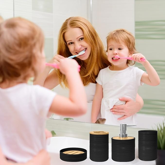 Bathroom Accessories Set 4 PCS, Bamboo Bathroom Accessory Set Includes Soap Dish, Soap Dispenser, Toothbrush Holder, Toothbrush Cup, Bathroom Sets Accessories, Boho Bathroom Decor(Black)