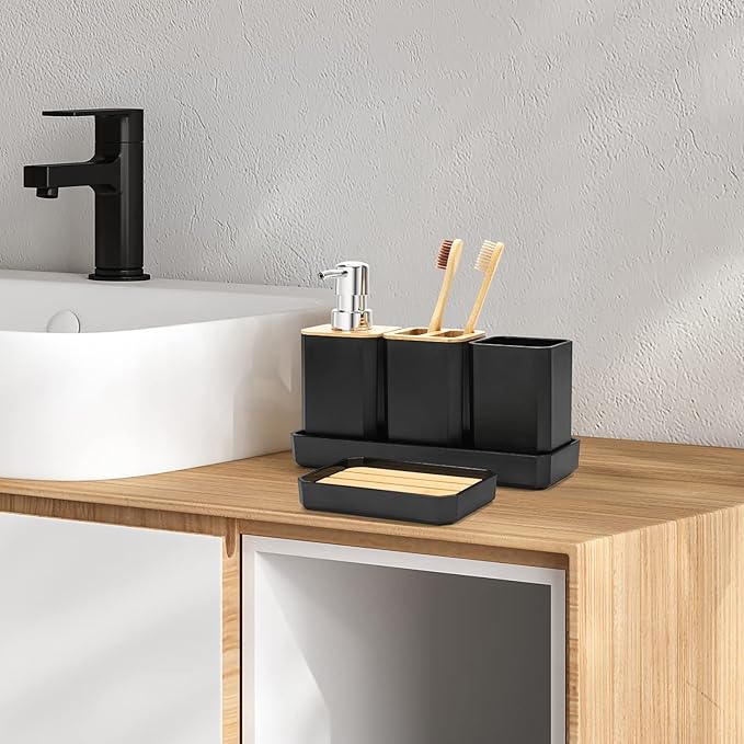 FEILANDUO Bathroom Accessories Set,5 Pcs Bathroom Accessory Gift Set, Soap Dispenser, Soap Dish, Toothbrush Holder, Toothbrush Cup, Vanity Tray, Boho, Modern Bathroom Decor (Black)