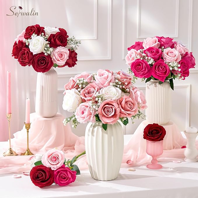 Serwalin 20pcs Artificial Red and White Roses, 4'' Big Flower Head, Fake Roses Velvet Real Touch, Silk Roses Long Stems Realistic Bouquet for Wedding Table Centerpiece and Home Decor