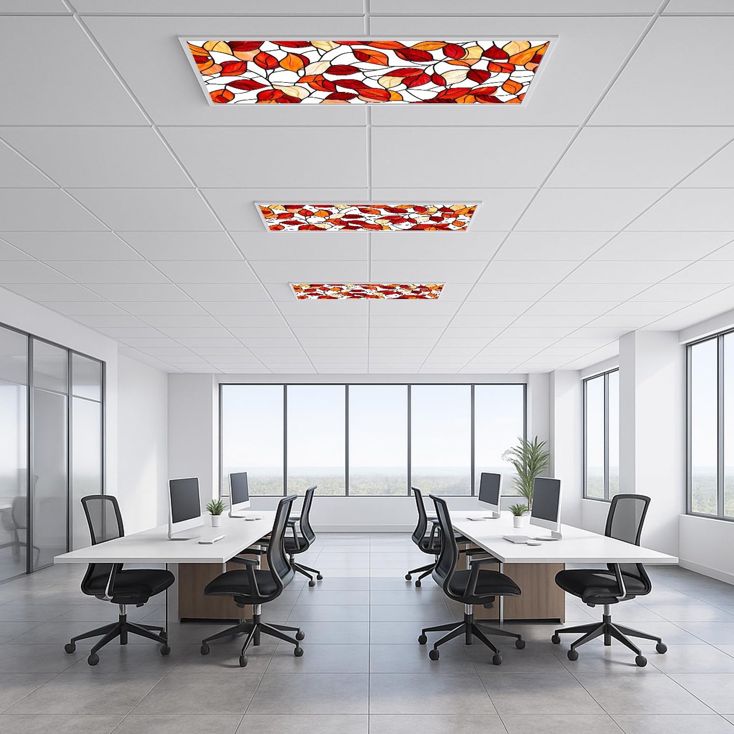 Fluorescent Light Covers for Ceiling Lights-Magnetic,2pcs,Geometric & Stained Glass Designs for Ceiling Lights 2ft x 4ft-For Classroom, Office，Home (Stained Glass Leaves, 48"L x 24""W-2pcs)"