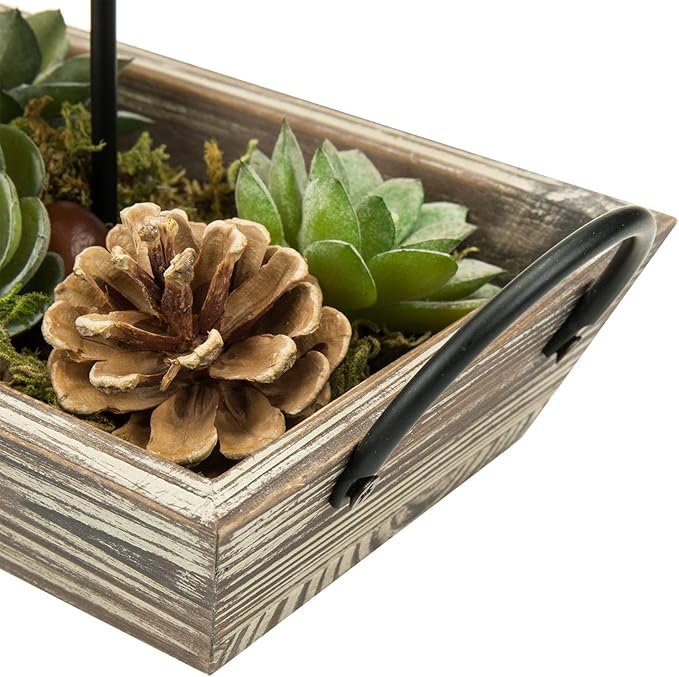 MyGift Solid Torched Wood Candlescape Display Tray Set with Metal Pillar Candle Holder and Decorative Fake Succulent Plants and Pine Cones - Holds 3 Candles