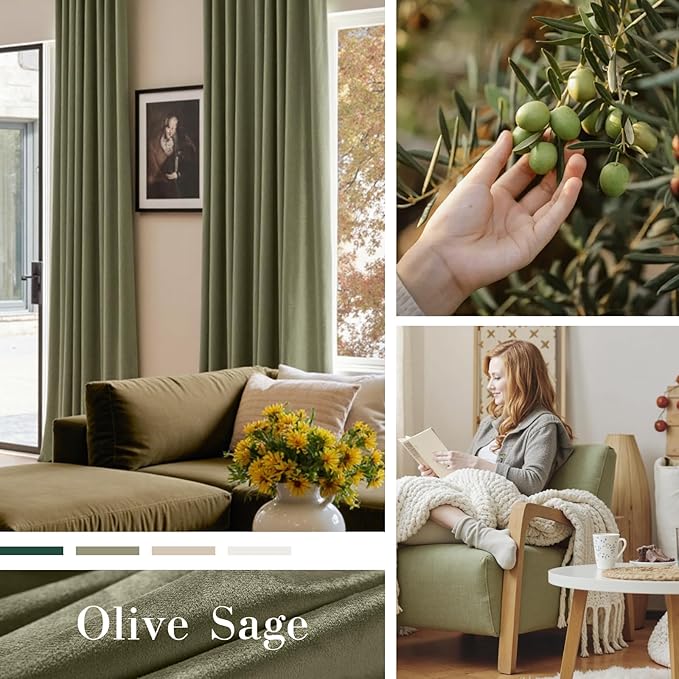 Lazzzy Velvet Blackout Curtains Thermal Insulated Room Window Drapes Super Soft Luxury Curtains for Living Room Bedroom Rod Pocket 2 Panels, Olive Sage, 52" W x 63" L