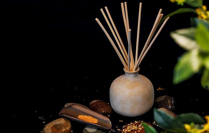 Blueme Calm Diffuser | Osmanthus & Sandalwood | 5.92 Fl Oz - Refillable Wellness Diffuser, Contains Essential Oil, Sustainable, Hand Finished, Premium, Luxury Ceramic, Natural Rattan Reeds, | Small