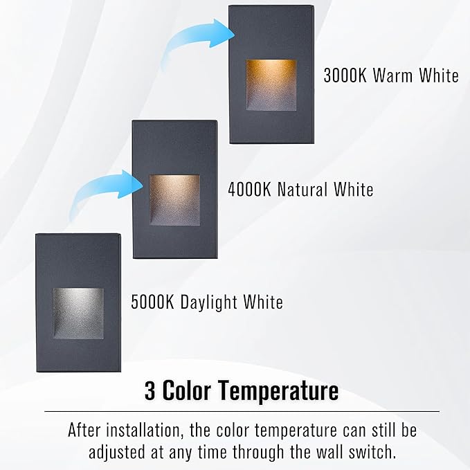 LED Step Lights - Outdoor & Indoor Stair Lights, 12V, 3CCT Color Changing 3000K/4000K/5000K, 4W, 150LM IP66 Waterproof, Black, 6-Pack