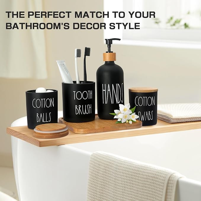 Matte Black Bathroom Accessories Set, 5 Pcs Glass Bathroom Accessory Set with Bamboo Tray, Soap Dispenser and Toothbrush Holder Set, Qtip Holder Set, Farmhouse Boho Bathroom Set Complete