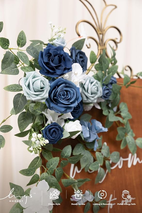 Ling's moment 2pcs Wedding Flowers Garland Artificial Floral Swag Arch Decorations Rose Greenery Arrangements Dusty Blue & Navy Ceremony Reception Garden Easel Wall Entryway Outdoor (NOT Include Sign