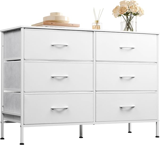 WLIVE Wide Dresser with 6 Drawers, TV Stand for 50" TV, Entertainment Center with Metal Frame, Wooden Top, Fabric Storage Dresser for Bedroom, Hallway, Entryway, White