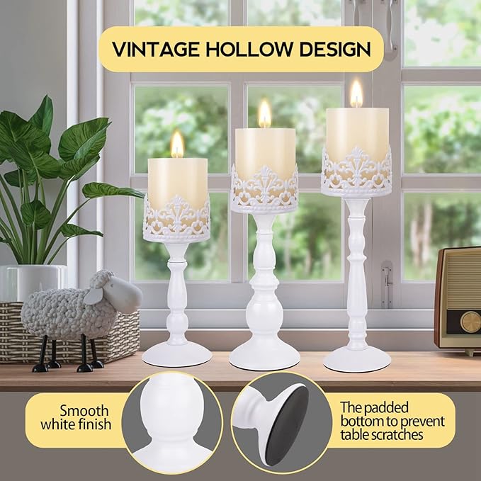 Candle Holders for Pillar Candles Set of 3 White Vintage Tall Candle Holders Decorative Large Table Centerpieces Candle Stand Decor