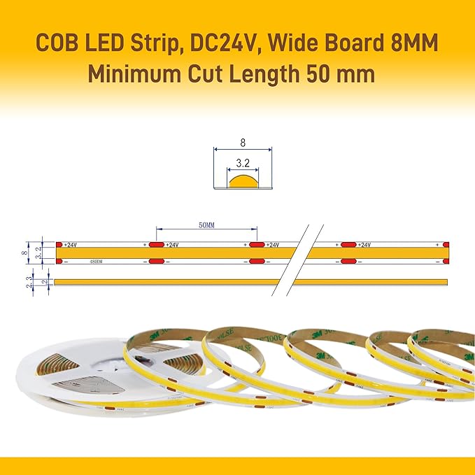 COB LED Strip Lights Warm White,24V Dimmable led Light Strip KIT with Remote and app Control,2700K 9.84FT/3m 8mm Wide Ra>90 Cuttable Flexible Strip Lights for Bedroom,TV Lights,Cabinet