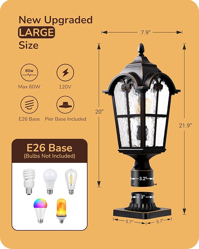EDISHINE Large Size Dusk to Dawn Outdoor Post Light, 21.9'' H 120V Pole Light Fixture with Pier Mount Base, Waterproof Exterior Lamp Post Lantern Head for Yard, Driveway, Fence, Black