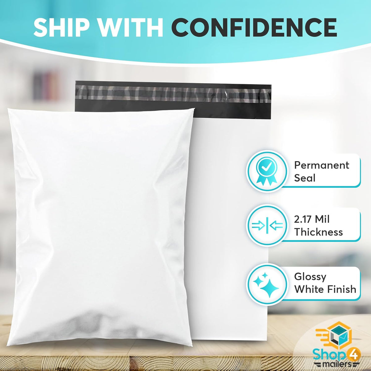 Shop4Mailers 19 x 24 Glossy White Plastic Self Seal Poly Mailer Flat Bags Waterproof Shipping Envelope 2.17 Mil for Apparel, Clothes, Shirts, Books – Permanent Adhesive Seal (50 Pack)