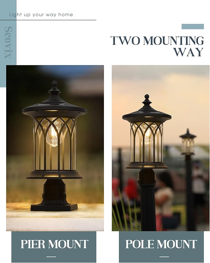 Solar Post Lights 2 Pack, Dusk to Dawn Solar Lamp Post Light Fixture E26 Base Socket, IP44 Waterproof Post Lights Outdoor Solar Powered for Pathway, Driveway, Lawn, K235SPL10-2