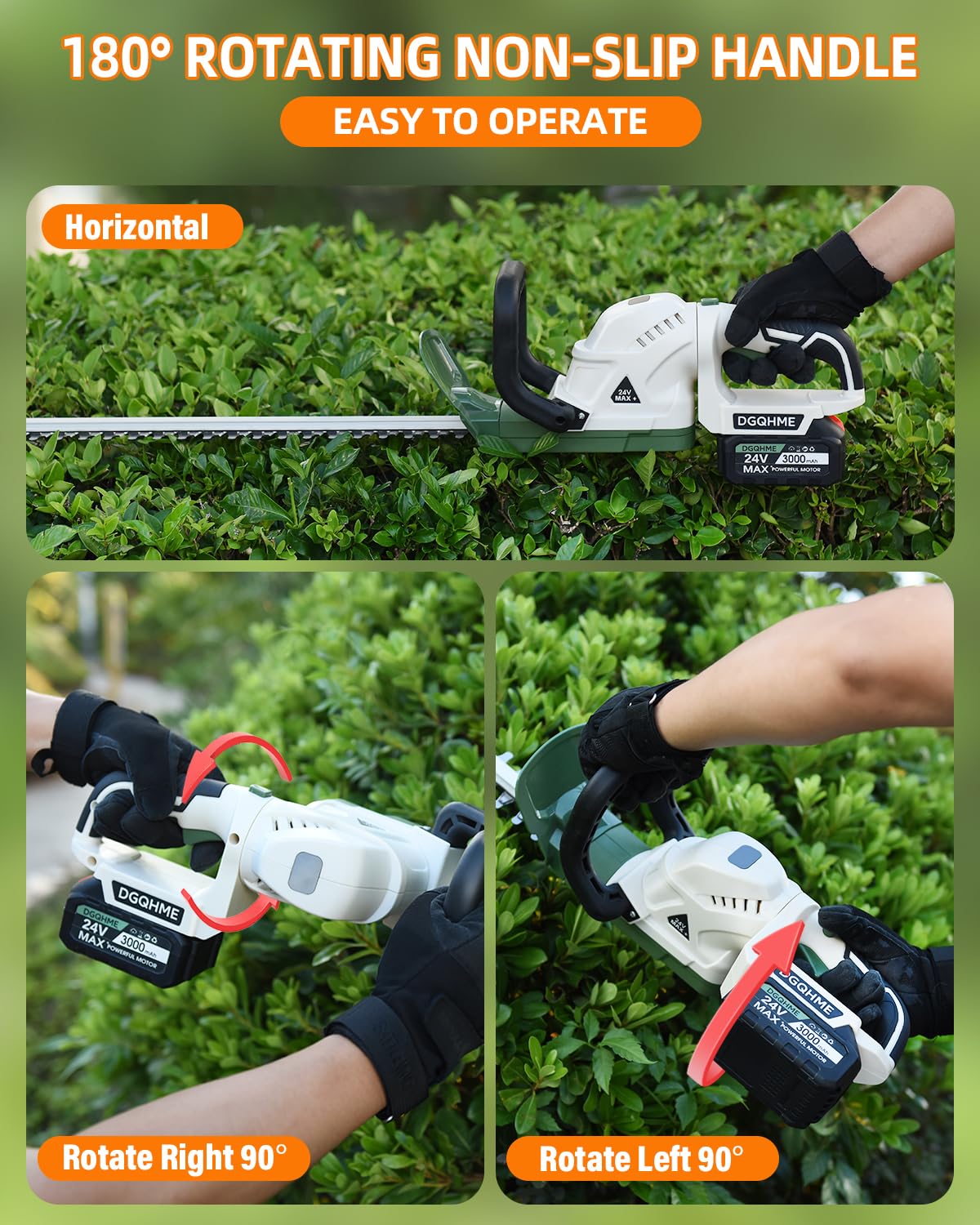 DGQHME 20" Hedge Trimmer Cordless,Electric Bush Trimmer with 2 Pack Rechargeable Batteries,Lightweight Hedge Trimmers,3000RPM 180°Rotatable Head,3/4" Blade Gap
