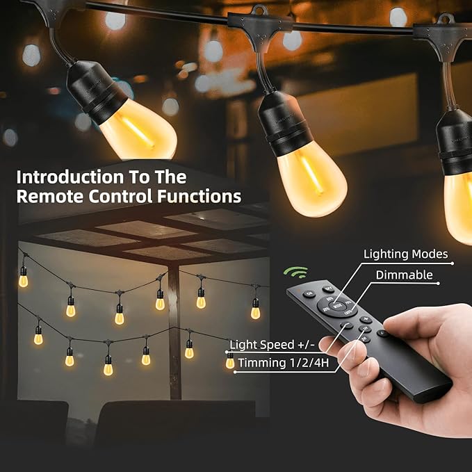 Remote Control Outdoor String Lights 200FT for Outside Patio Lights Waterproof with 63 Replaceable S14 Bulbs for Bistro Pergola Porch Backyard Dimmable, 2200K, Linkable, Hooks, Zip Ties included