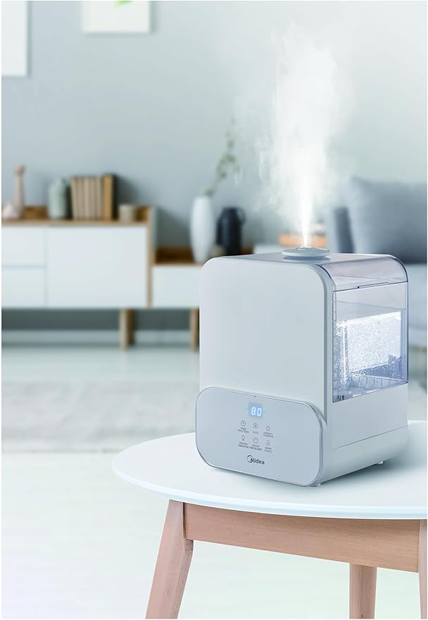 Midea 6L (1.6 Gal) Warm & Cool Mist Ultrasonic Humidifier, Top Fill Design, Smart Humidity Control with Auto Mode, 24-Hour Runtime, Essential Oil Tray, Timer & Night Light, White