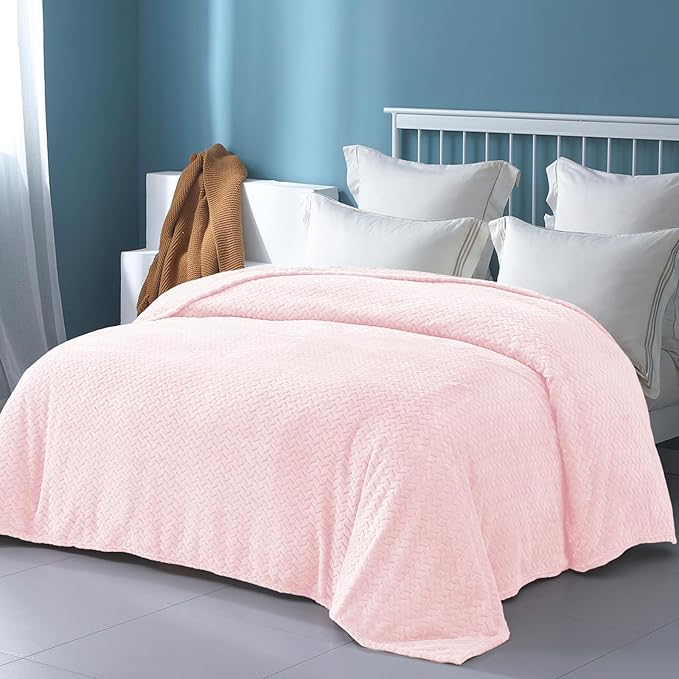 Exclusivo Mezcla Fleece Queen Size Blanket for Bed, 90x90 Inches Soft Cozy Jacquard Flannel Blankets, Lightweight Fuzzy Plush Warm for Winter, Light Pink