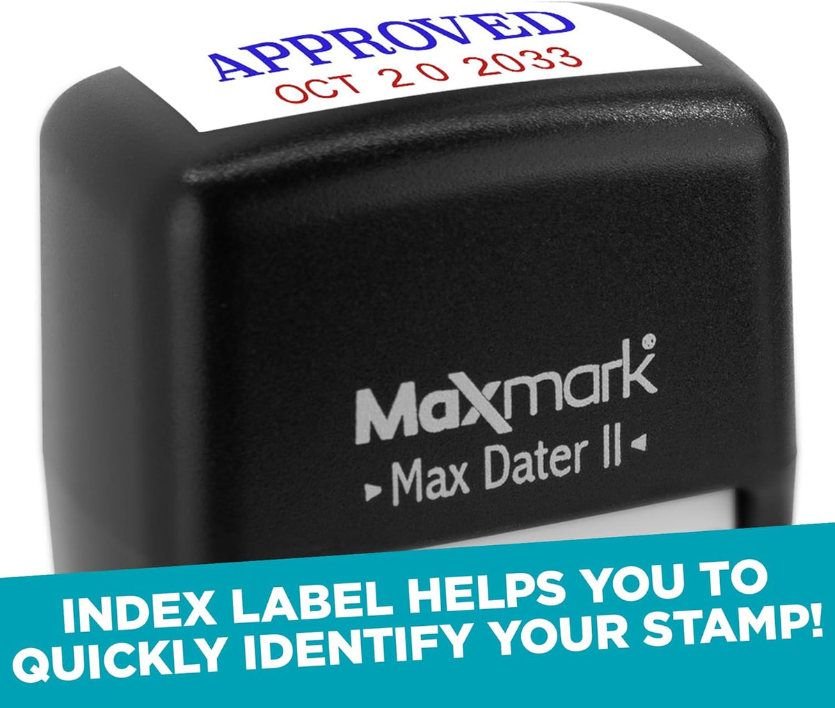 MaxMark Self-Inking Rubber Date Office Stamp with Due by Phrase & Date - 2 Color Blue/Red Ink (Max Dater II), 12-Year Band