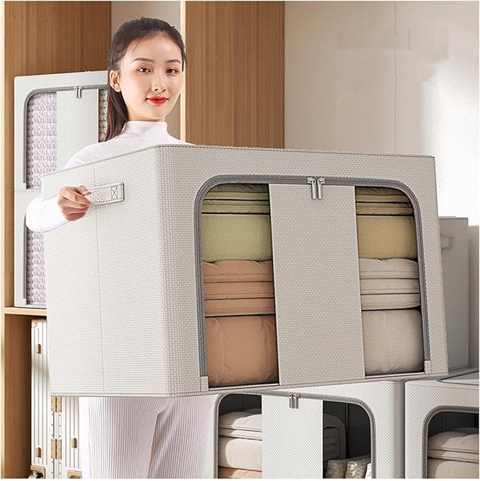 Kikumi Foldable Storage Box, Fabric Bin Organizer, Large Capacity Stackable Solid Steel Frame Structure Space Saving with Carrying Handle for Bedroom
