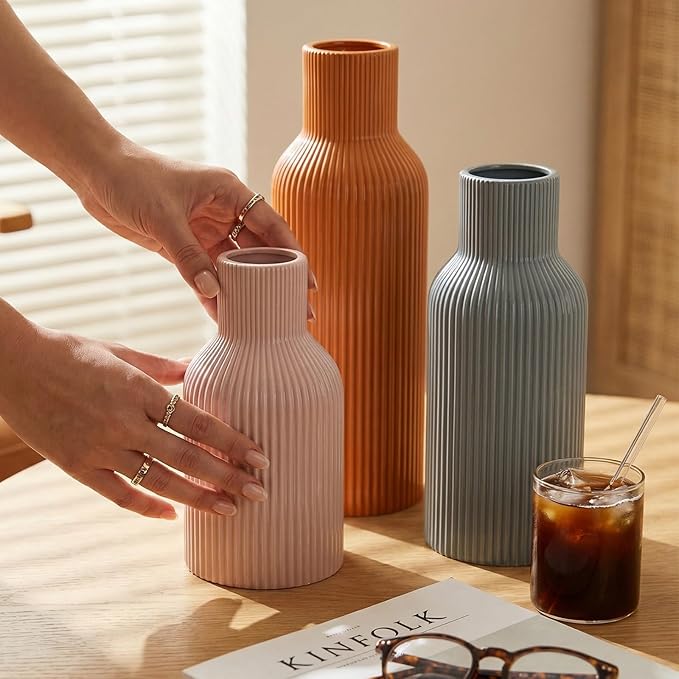 Ceramic Vases Set of 3, Modern Ribbed Vases with Glossy Finish, Decorative Flower Vases in 5.9", 7.8", 9.8" for Home Decor, Living Room, Bedroom, Table Centerpiece (Pink, Blue, Orange)