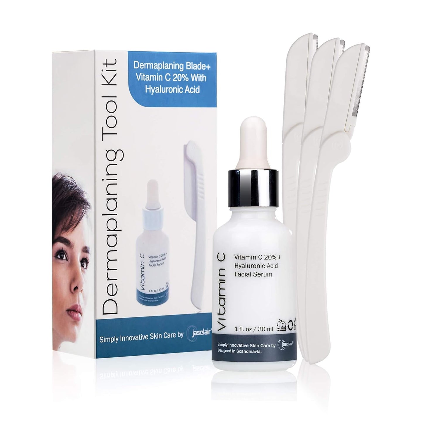 Dermaplaning Tool â Practical Eyebrow, Face and Peach Fuzz Hair Removal Razors for Women - With Vitamin C Facial Serum - 3 Pack Dermaplane Razor Blades