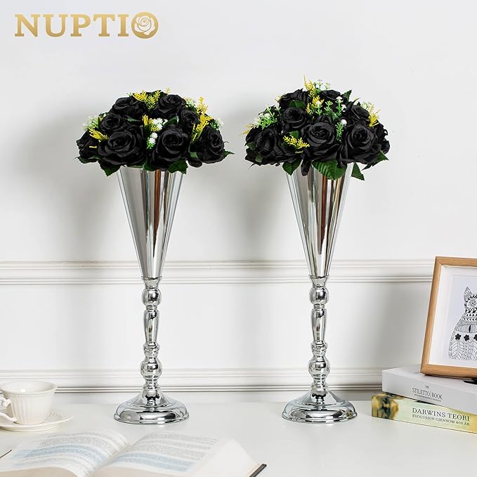 NUPTIO Black Roses Artificial Flowers Pcs of 10 Fake Flower Bouquet Black Hydrangea Flowers Artificial, 15 Heads Fake Roses with Base, Real Looking Black Artificial Flowers (Black)