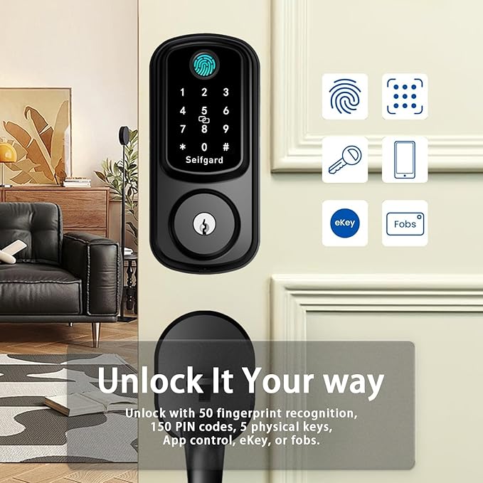 Keyless Entry Door Lock Deadbolt with Handle Set, Smart Door Lock for Front Door, Auto Lock Compatible with Alexa, Black