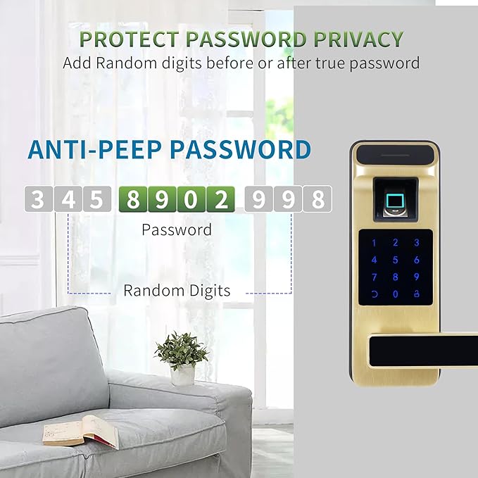 Harfo Smart Door Lock, Heavy Duty 5 in 1 Keyless Entry Door Lock, Full App Control Digital Keypad Lock, Reversible Handle with Fingerprints and Passcodes for Family/Office/Apartment (Gold)