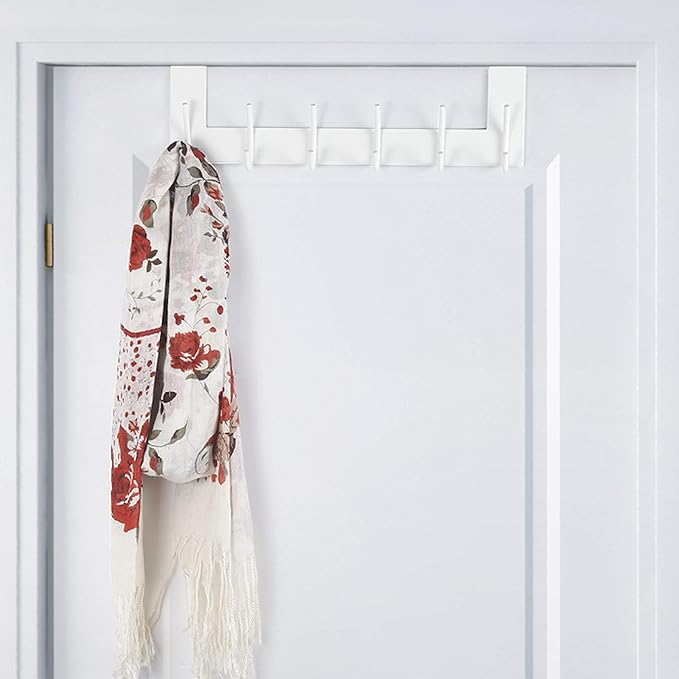 SKOLOO Over The Door Hook - 6 Hooks, No Assembly Required, Stainless Steel Door Hooks, Over Door Coat Rack for Hanging Coats Clothes Hats Robes, White