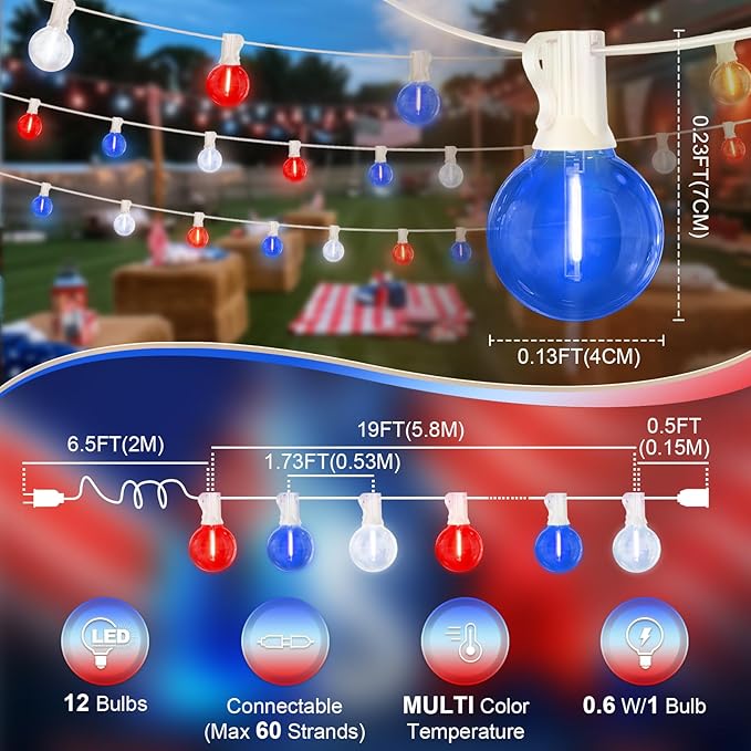 LAMPHOME 26Ft LED G40 Red White and Blue Lights Outdoor 4th of July Lights with12+1 Shatterproof Bulbs for Patriotic Decor in Yard Garden Patio - Light up Memorial Day 4th of July Decorations Outdoor