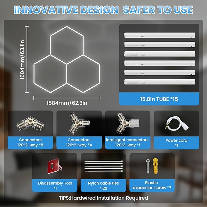 Hexagon Garage LED Ceiling Light 98W, 11700 Lumens, 6500K Ultra-Bright Expandable DIY Design Ideal for Auto Detailing, Workshops, Basements, Barber Shops, Gyms, and More (3 Pack)