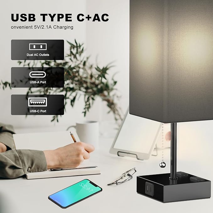 Table Lamp for Bedroom with USB,Bedside Lamp with USB C+A Charging Ports,Adjustable 3color LED Light for Home Decor/Nightstand/Office,Included Bulb and Fabric Lamp Shade (Linen Black, 2PCS)
