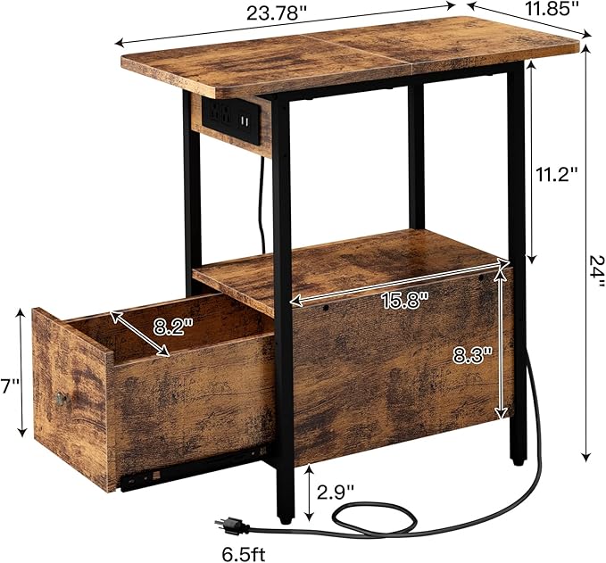 LIDYUK End Table with Charging Station, Narrow Side Table with Drawer and USB Ports & Power Outlets, Nightstand Bedside Tables for Small Spaces, Bedroom, Living Room, Rustic Brown