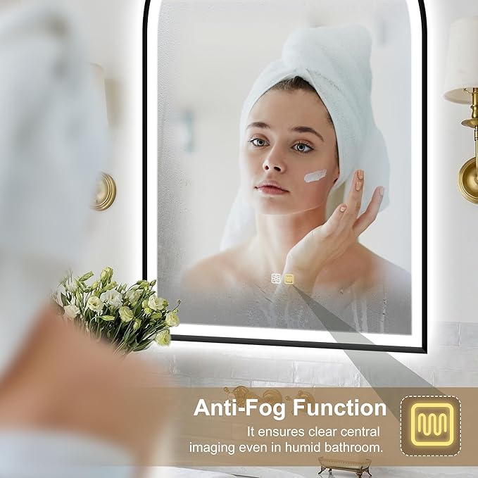 S'bagno 24x36 Arched Black LED Mirror for Bathroom with Frontlit & Backlit, LED Bathroom Mirror with Metal Frame, Anti-Fog, Stepless Dimmable, 3 Color Temperature Vanity Mirror